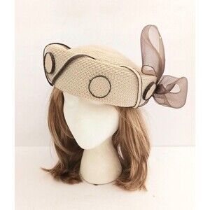 VTG Designed by Sylvia Woven Pill Box Hat Cream Brown Tulle Bow